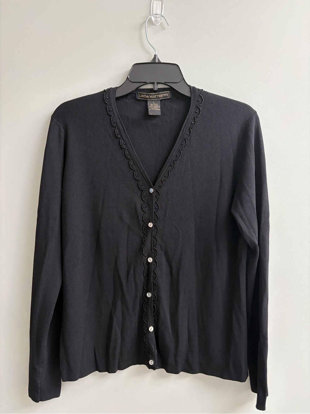 Black Scallop-Trim Beaded V-Neck Cardigan